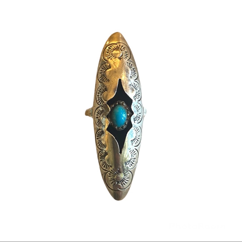Sterling Silver Vintage Dome Raised Turquoise long ring - Picture 1 of 4